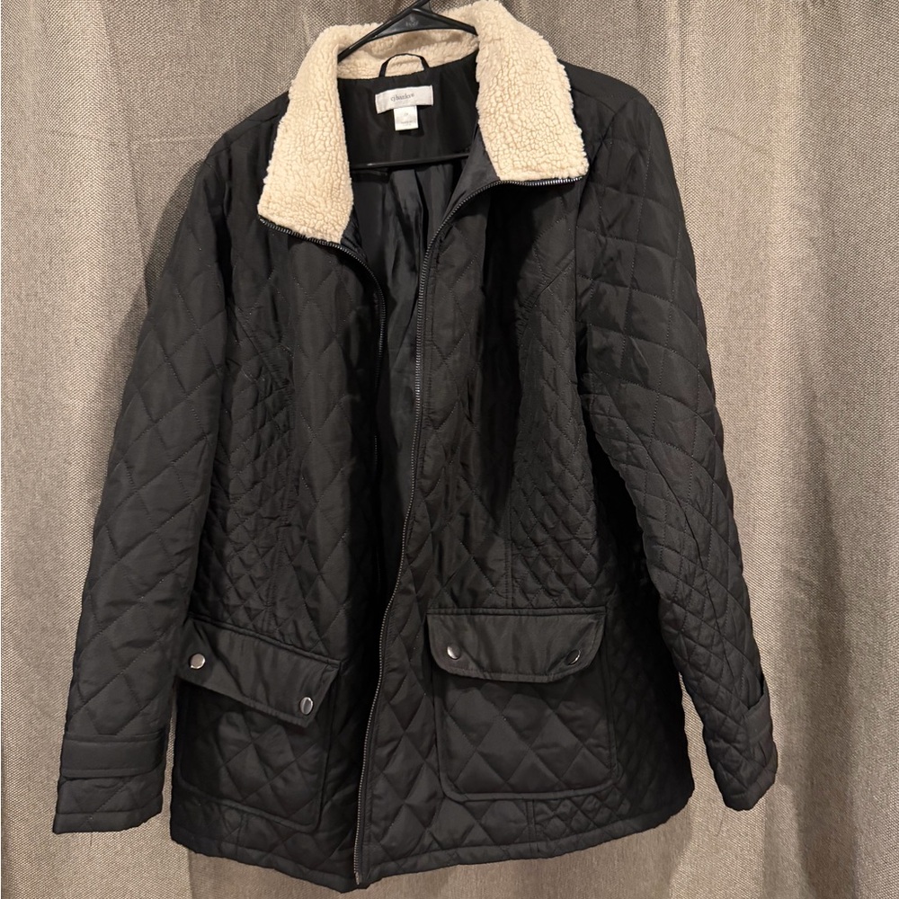 CJ Banks Black Quilted Puffer Jacket with Cream Sherpa Collar